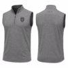 Men's grey quarter-zip sleeveless vest with embroidered chest crest