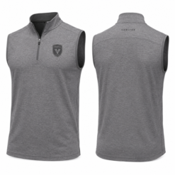 Men's grey quarter-zip sleeveless vest with embroidered chest crest