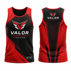 Men's red and black Valor sublimated training tank top, front and back view