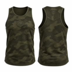 Men's olive green camo sublimated sleeveless gym shirt, front and back view