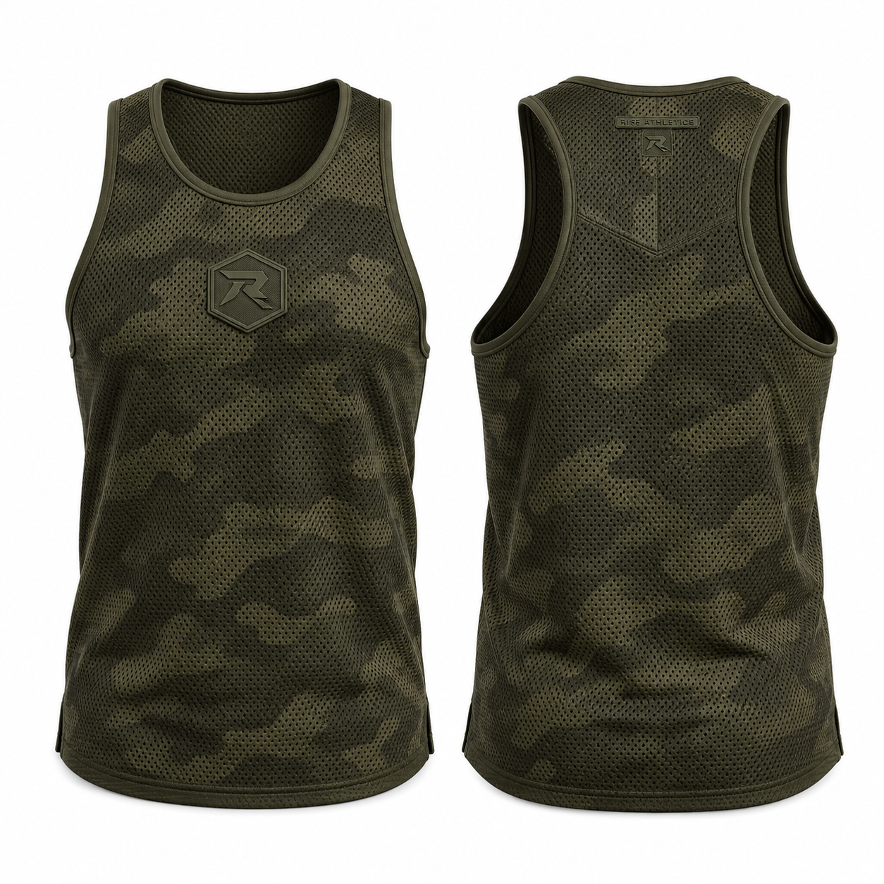 Men's olive green camo sublimated sleeveless gym shirt, front and back view