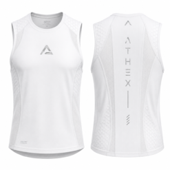 Men's white lightweight sleeveless running shirt, front and back view