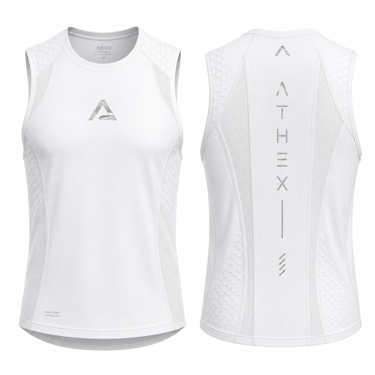 Men's white lightweight sleeveless running shirt, front and back view