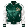 Green and white satin varsity bomber jacket with embroidered chest crest