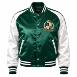 Green and white satin varsity bomber jacket with embroidered chest crest