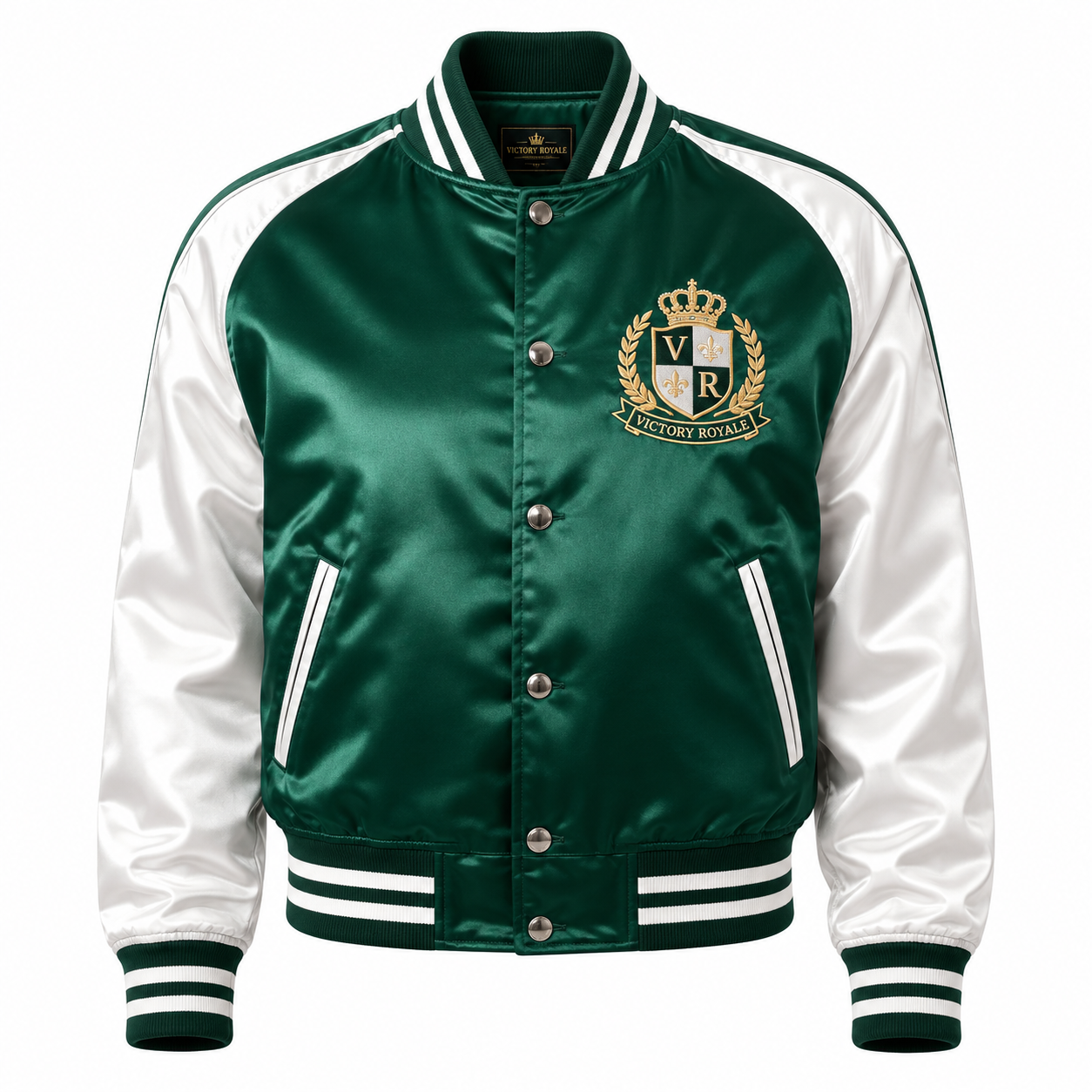 Green and white satin varsity bomber jacket with embroidered chest crest