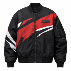 Men's black bomber jacket with red and white sublimated racing stripes