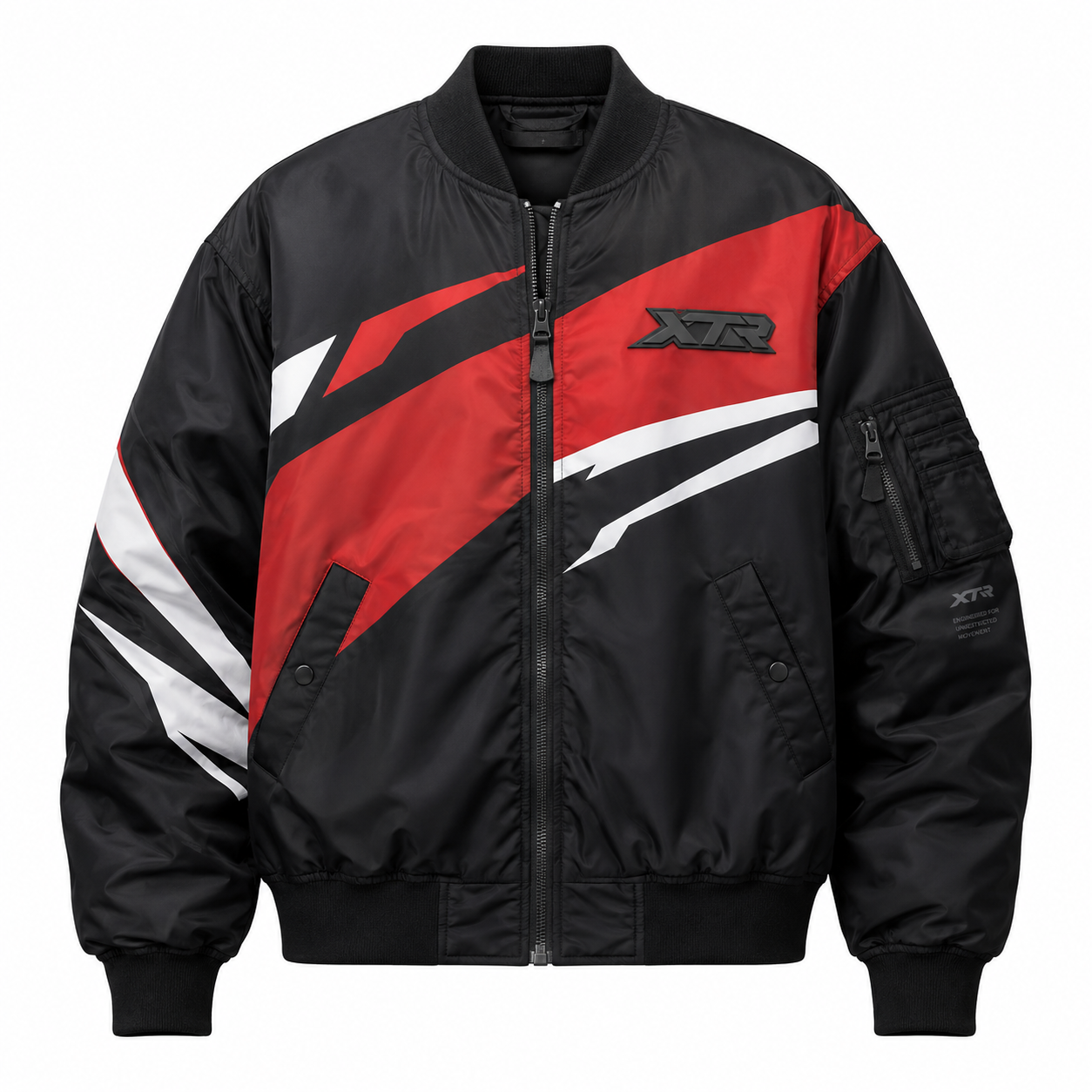 Men's black bomber jacket with red and white sublimated racing stripes