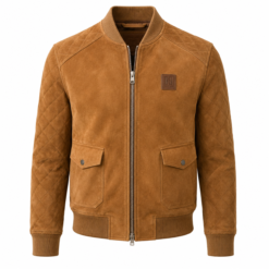 Tan brown suede bomber jacket with flap pockets and ribbed cuffs