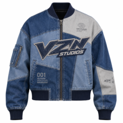 Denim patchwork bomber jacket with contrast panels and printed graphic