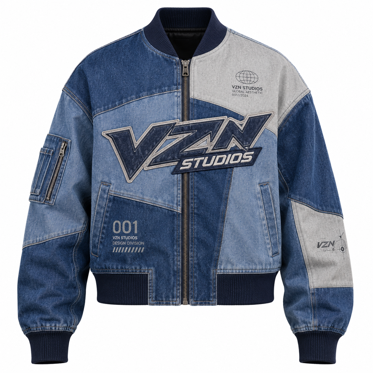 Denim patchwork bomber jacket with contrast panels and printed graphic