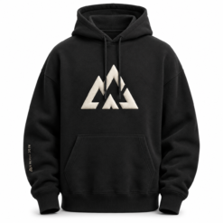 Men's black custom hoodie with white mountain logo print on the chest