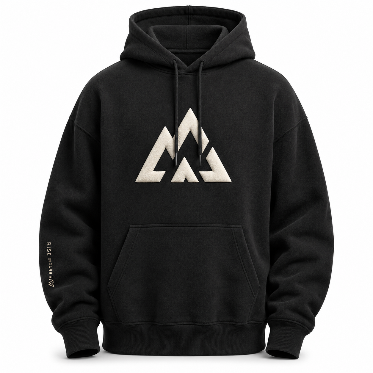 Men's black custom hoodie with white mountain logo print on the chest