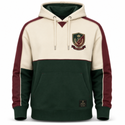 Cream green and maroon colour block hoodie with embroidered crest