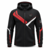 Men's black custom hoodie with red and white sublimated panels and full zip