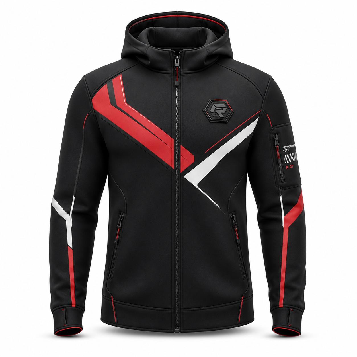 Men's black custom hoodie with red and white sublimated panels and full zip
