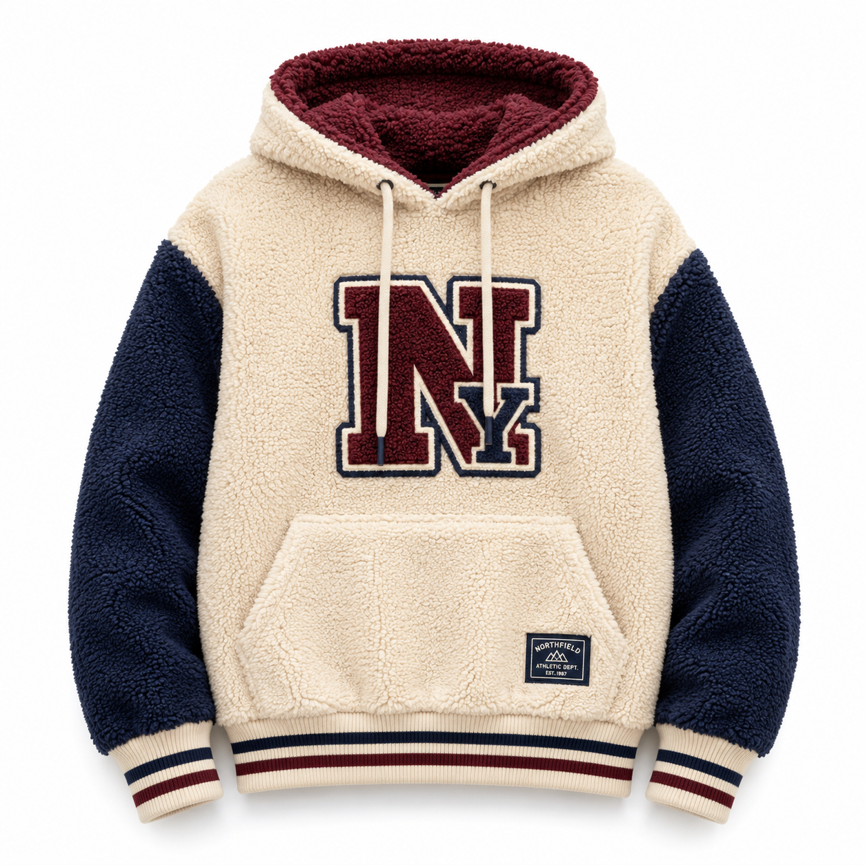 Cream sherpa varsity hoodie with navy sleeves and chenille letter patch