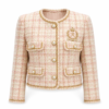 Women's pink tweed cropped jacket with gold buttons and braided trim