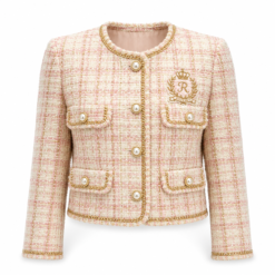 Women's pink tweed cropped jacket with gold buttons and braided trim