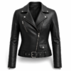 Women's black leather look biker jacket with asymmetric zip and waist belt