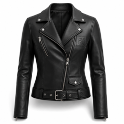 Women's black leather look biker jacket with asymmetric zip and waist belt