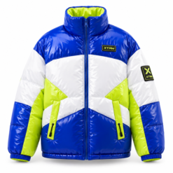 Blue white and neon yellow custom puffer bomber jacket with funnel neck