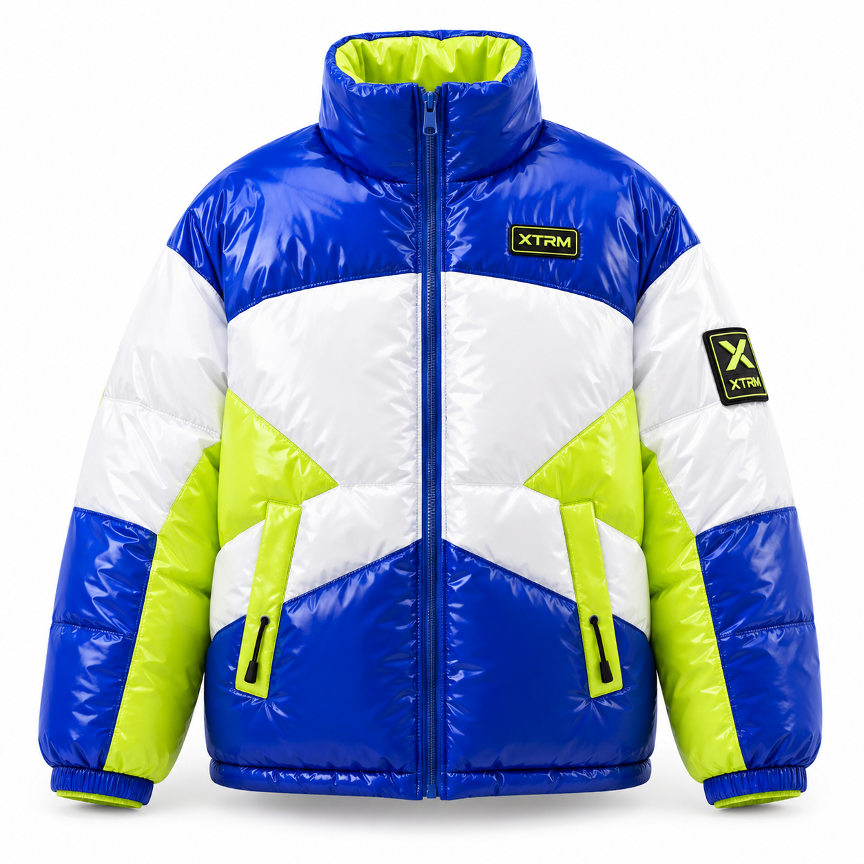 Blue white and neon yellow custom puffer bomber jacket with funnel neck