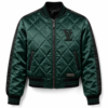 Dark green quilted satin bomber jacket with tonal monogram quilting