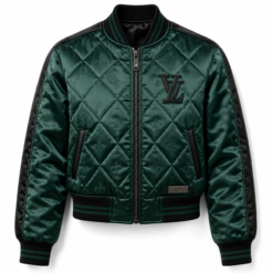 Dark green quilted satin bomber jacket with tonal monogram quilting