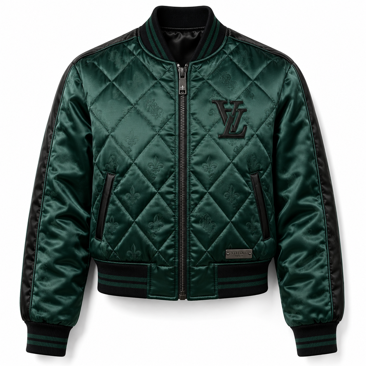 Dark green quilted satin bomber jacket with tonal monogram quilting