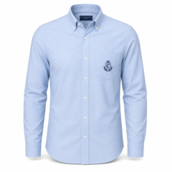 Men's sky blue oxford long sleeve shirt with embroidered chest crest