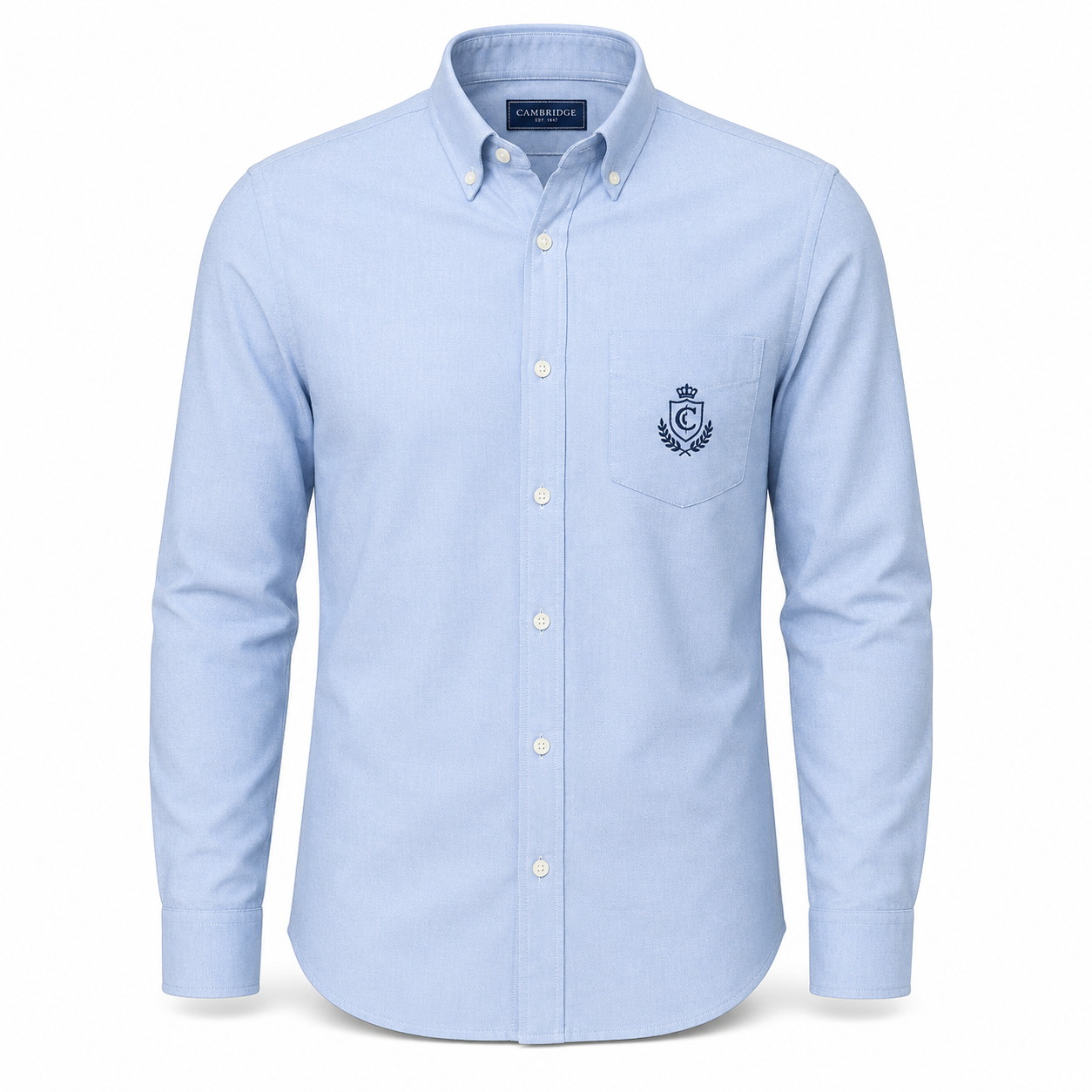 Men's sky blue oxford long sleeve shirt with embroidered chest crest