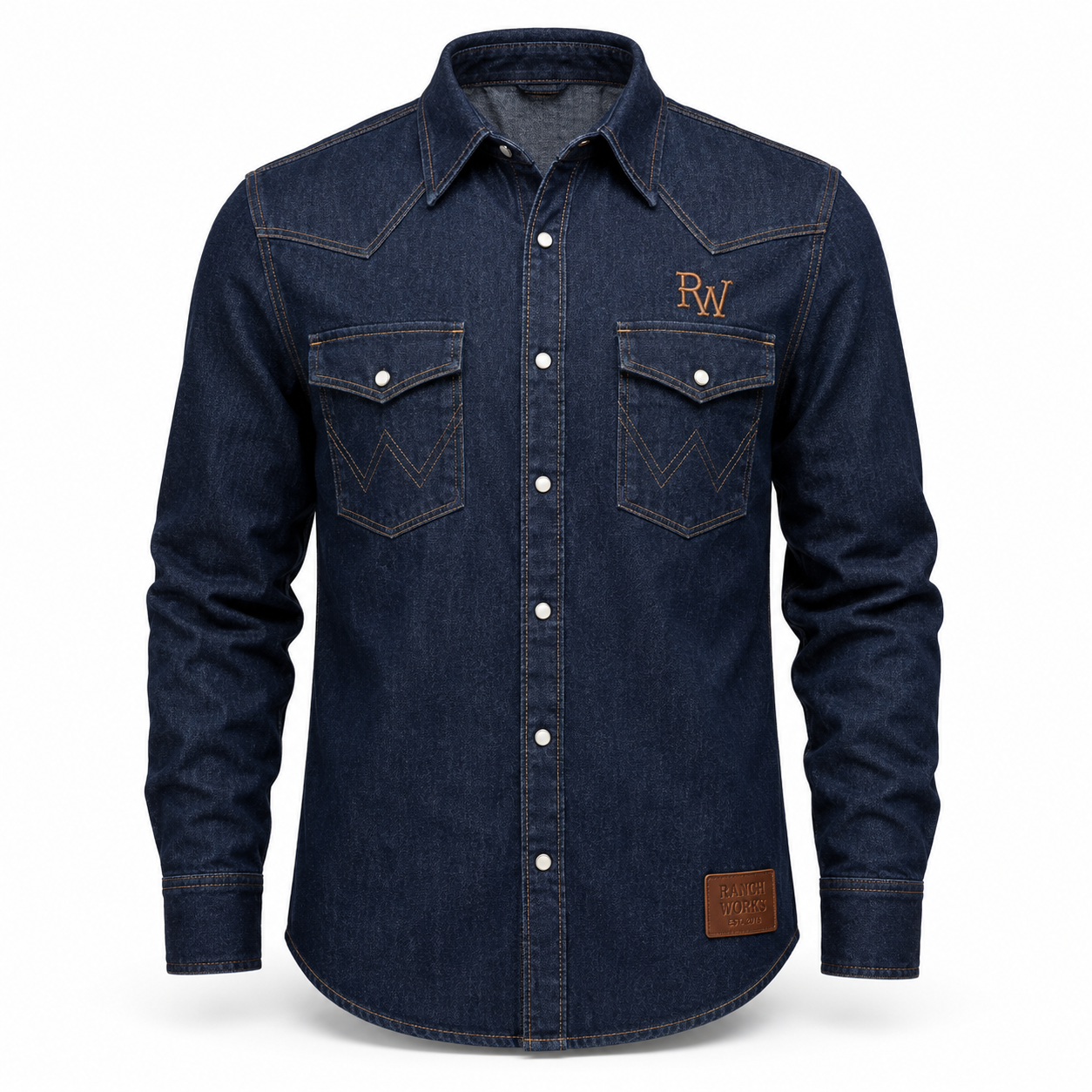 Men's dark blue denim western shirt with twin chest pockets
