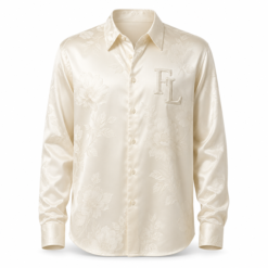 Cream jacquard long sleeve shirt with tonal woven pattern