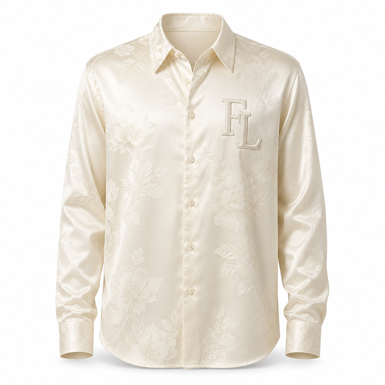 Cream jacquard long sleeve shirt with tonal woven pattern
