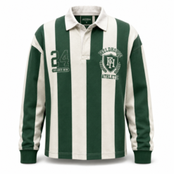 Green and white striped long sleeve rugby polo shirt with number 24