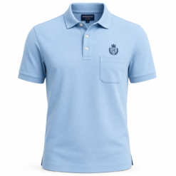 Sky blue pique polo shirt with chest pocket and embroidered crest