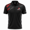 Men's black performance polo shirt with red sublimated shoulder graphics