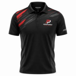 Men's black performance polo shirt with red sublimated shoulder graphics