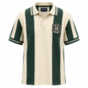 Green and cream striped short sleeve rugby polo shirt with crest