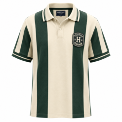 Green and cream striped short sleeve rugby polo shirt with crest