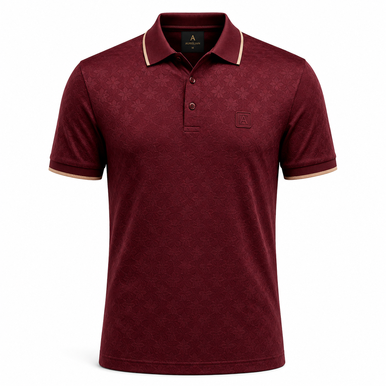 Maroon textured polo shirt with tonal pattern and ribbed collar