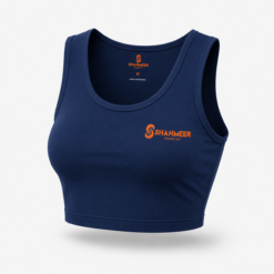 Women's navy blue racerback gym crop top in plain moisture-wicking fabric