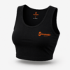 Women's black racerback workout crop top with Shahmeer Industry logo