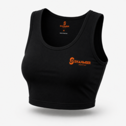 Women's black racerback workout crop top with Shahmeer Industry logo