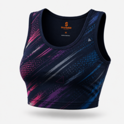 Women's blue and purple abstract print sublimated yoga crop top