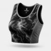Women's black and white marble print sublimated crop top, front view