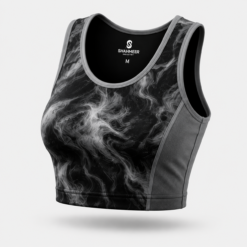 Women's black and white marble print sublimated crop top, front view