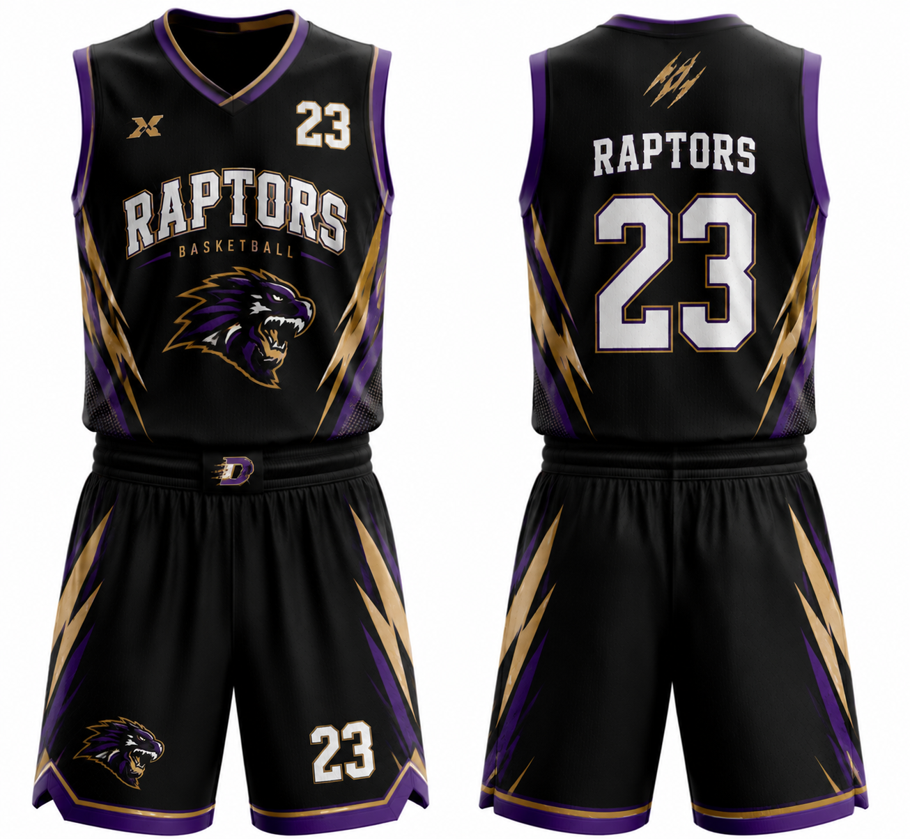 Raptors black and gold custom basketball uniform with jersey and shorts, front and back