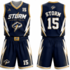 Storm navy and gold custom basketball uniform showing front and back of jersey and shorts